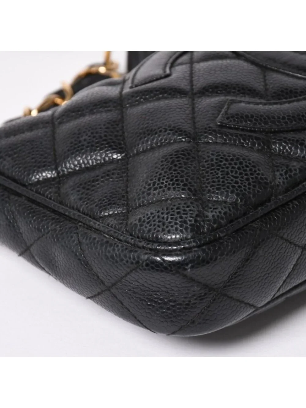 Chanel Chain Shoulder Bag Quilted Caviar Leather CC Logo Black Pouch